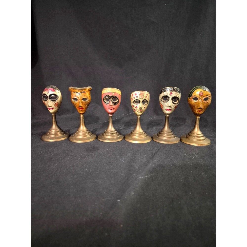 6 Vintage Shiva Goddess Brass Mask Faces On Stands Made In India 4 1/2"